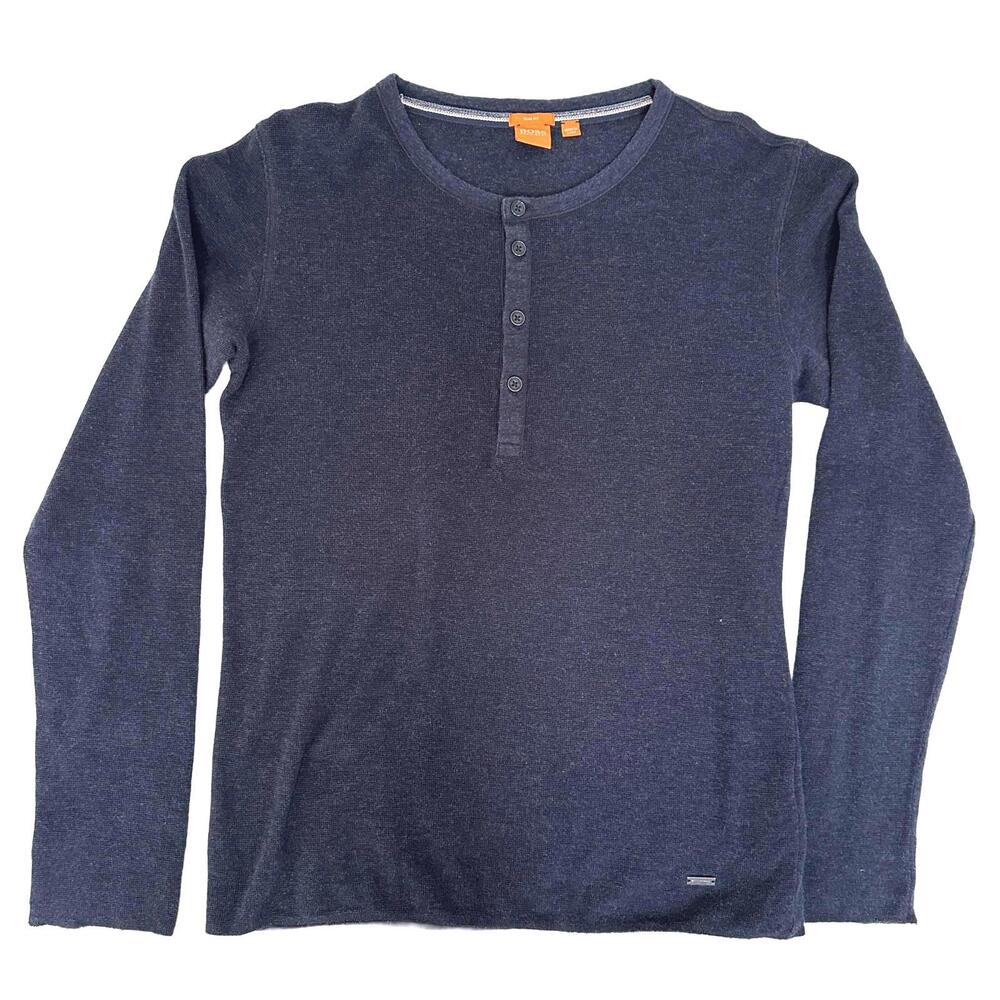 BOSS Hugo Orange Navy Blue Slim Fit Men's 100% cotton Henley Sweater - L